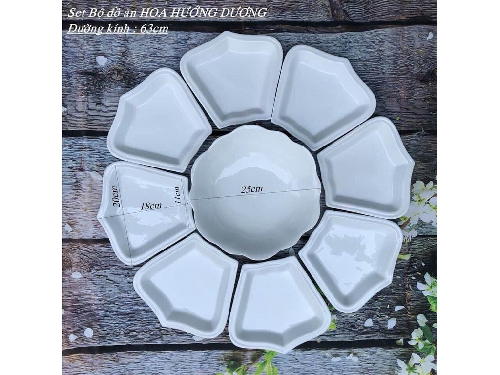 Bộ đĩa cánh hoa mặt trời men trắng trơn 10 người ăn 2